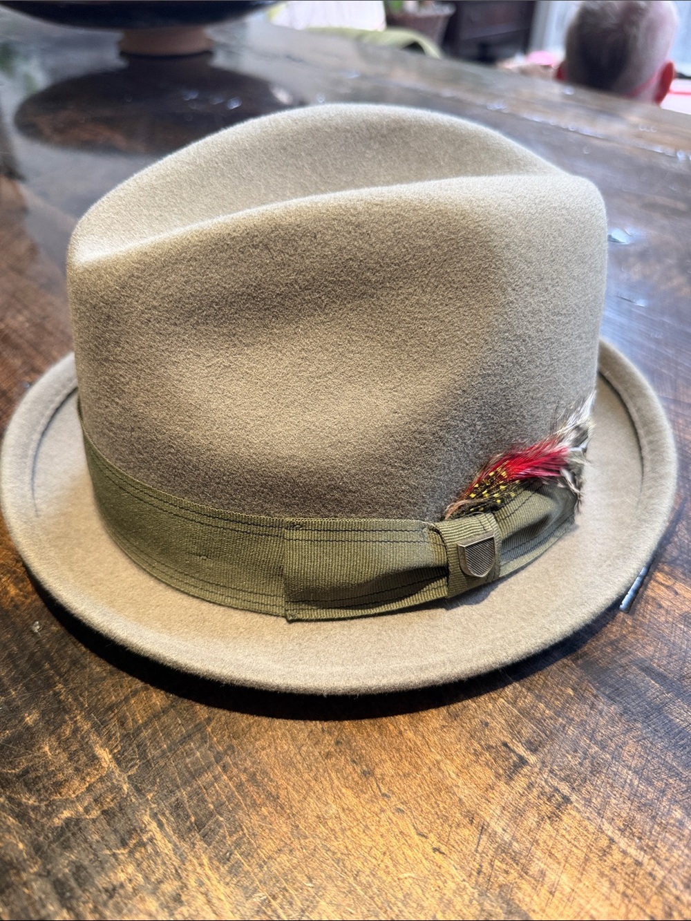 Brixton Tan Felt Fedora with Olive Band and Feather Accent